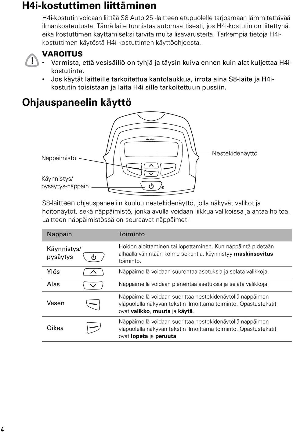 Tarkempia tietoja H4ikostuttimen käytöstä H4i-kostuttimen käyttöohjeesta. VAROITUS Varmista, että vesisäiliö on tyhjä ja täysin kuiva ennen kuin alat kuljettaa H4ikostutinta.