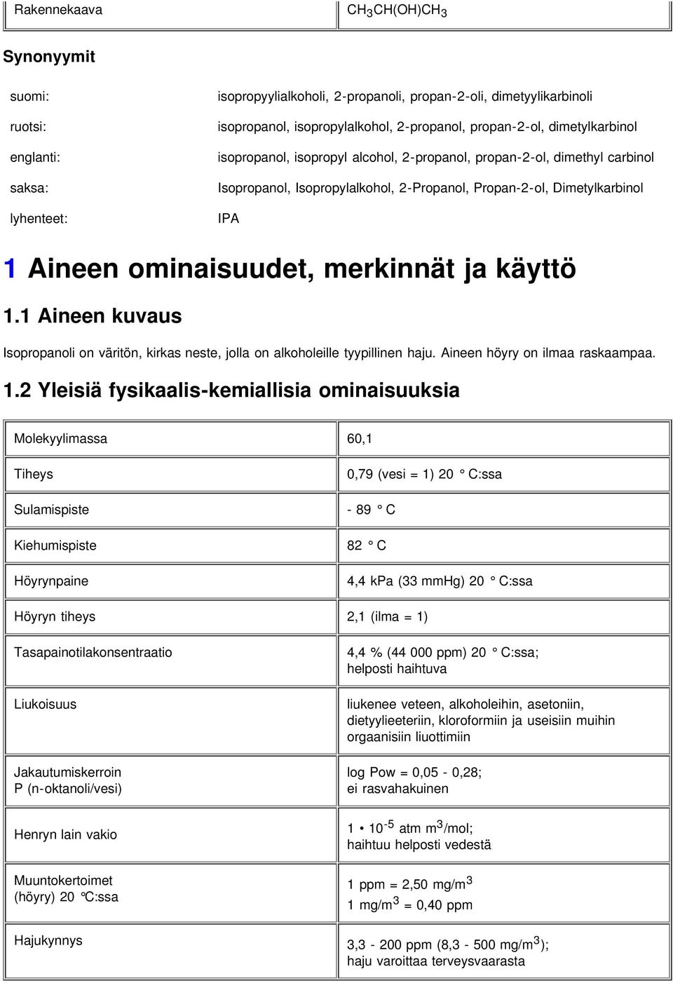 ominaisuudet, merkinnät ja käyttö 1.