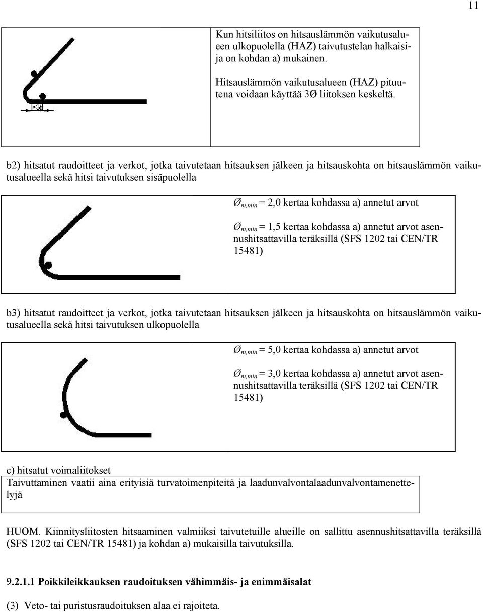 b2) hitsatut raudoitteet ja verkot, jotka taivutetaan hitsauksen jälkeen ja hitsauskohta on hitsauslämmön vaikutusalueella sekä hitsi taivutuksen sisäpuolella Ø m,min = 2,0 kertaa kohdassa a) annetut