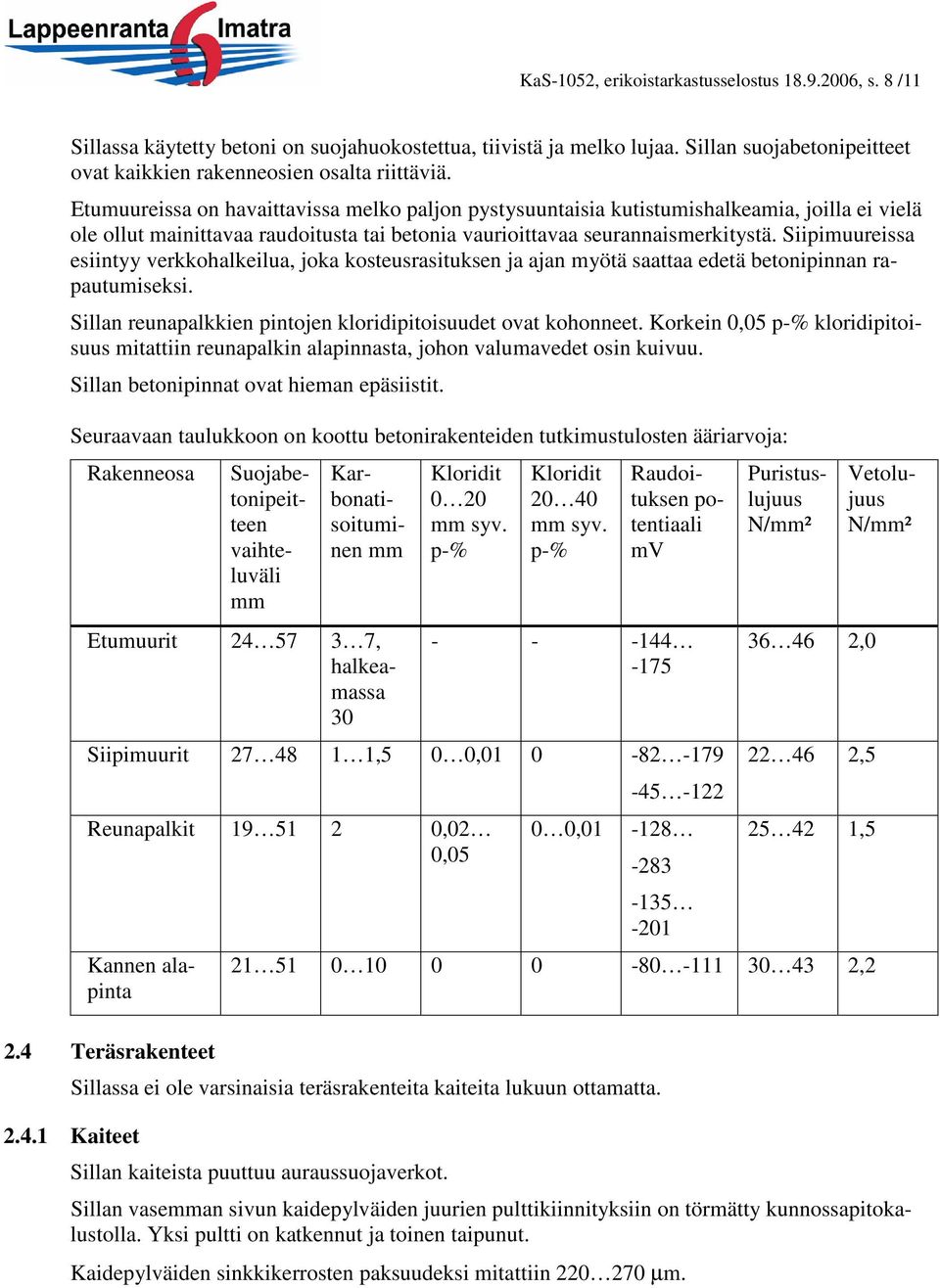 Siipimuureissa esiintyy verkkohalkeilua, joka kosteusrasituksen ja ajan myötä saattaa edetä betonipinnan rapautumiseksi. Sillan reunapalkkien pintojen kloridipitoisuudet ovat kohonneet.