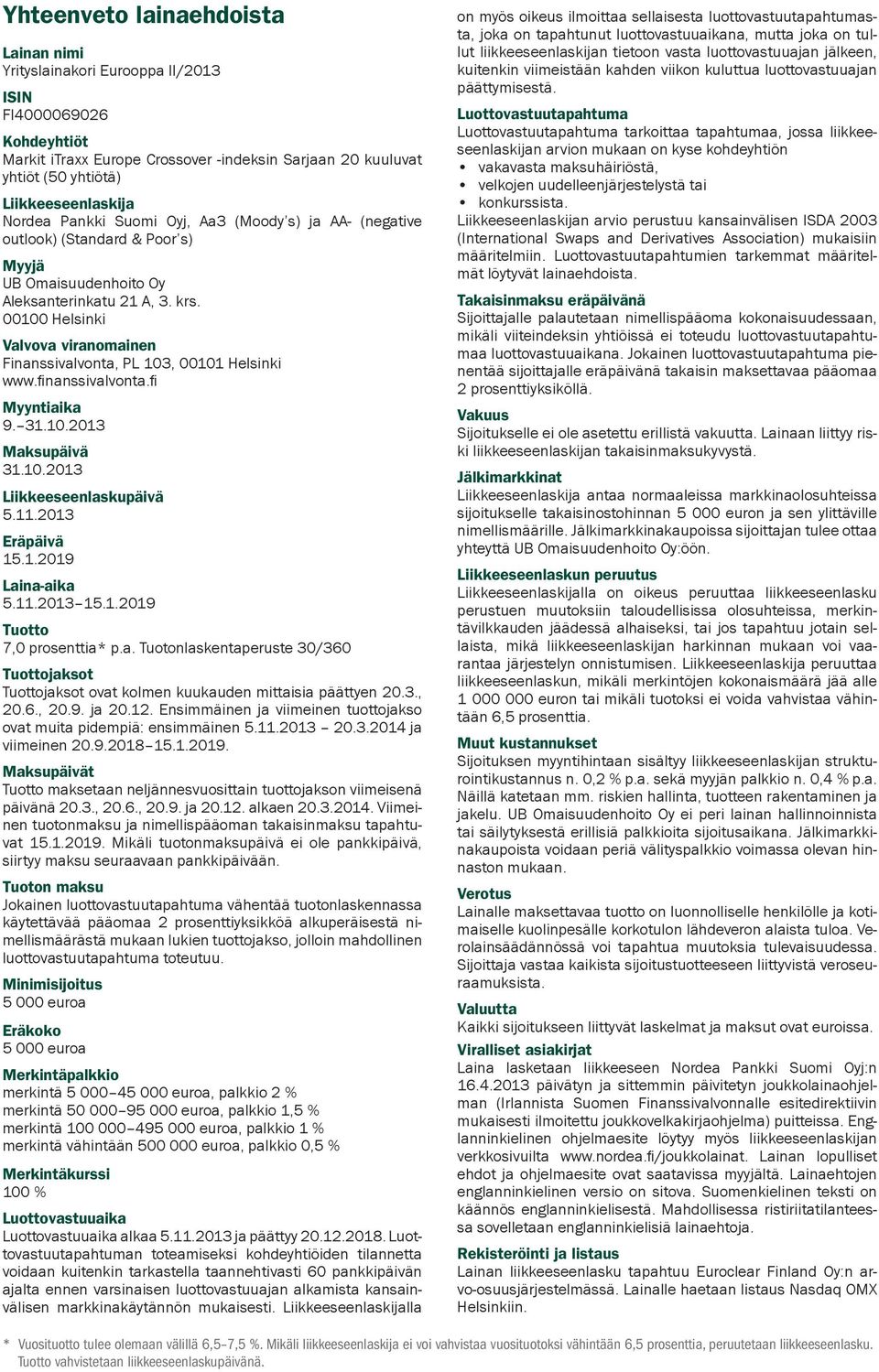 00100 Helsinki Valvova viranomainen Finanssivalvonta, PL 103, 00101 Helsinki www.finanssivalvonta.fi Myyntiaika 9. 31.10.2013 Maksupäivä 31.10.2013 Liikkeeseenlaskupäivä 5.11.2013 Eräpäivä 15.1.2019 Laina-aika 5.