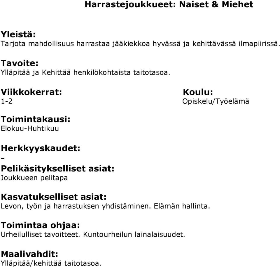 1-2 Opiskelu/Työelämä Elokuu-Huhtikuu - Joukkueen pelitapa Levon, työn ja harrastuksen