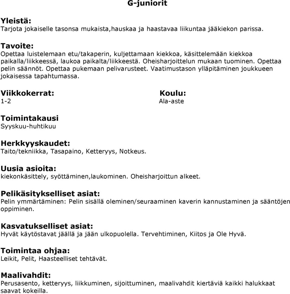 kiekonkäsittely, syöttäminen,laukominen. Oheisharjoittun alkeet. Pelin ymmärtäminen: Pelin sisällä oleminen/seuraaminen kaverin kannustaminen ja sääntöjen oppiminen.