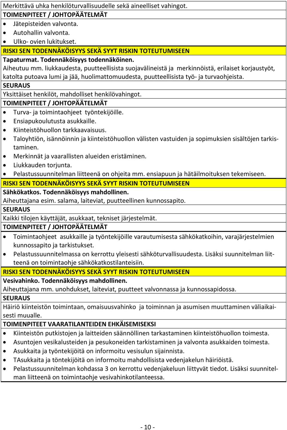 liukkaudesta, puutteellisista suojavälineistä ja merkinnöistä, erilaiset korjaustyöt, katolta putoava lumi ja jää, huolimattomuudesta, puutteellisista työ ja turvaohjeista.