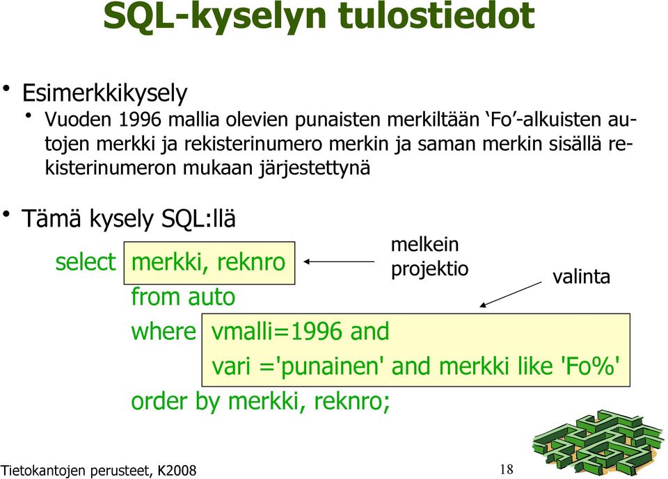 järjestettynä Tämä kysely SQL:llä select merkki, reknro from auto where vmalli=1996 and vari