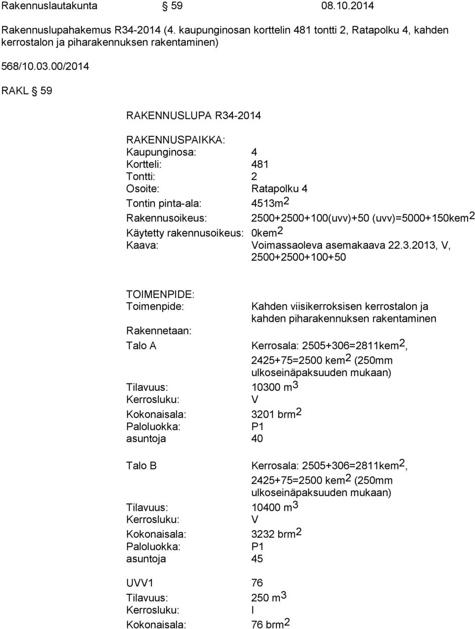 Käytetty rakennusoikeus: 0kem2 Kaava: Voimassaoleva asemakaava 22.3.