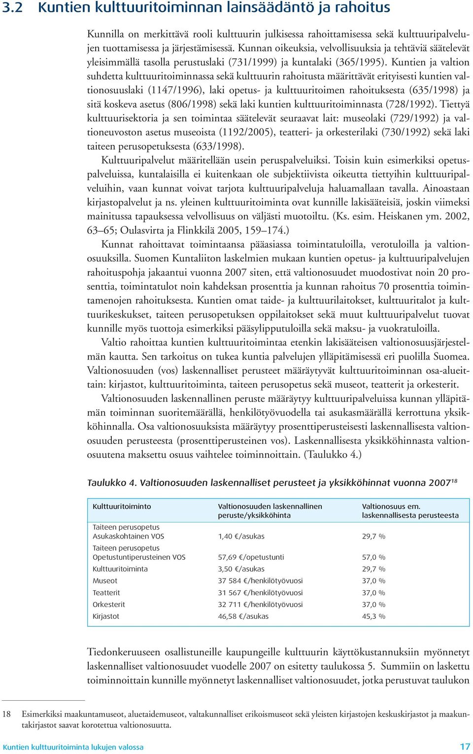 Kuntien ja valtion suhdetta kulttuuritoiminnassa sekä kulttuurin rahoitusta määrittävät erityisesti kuntien valtionosuuslaki (1147/1996), laki opetus- ja kulttuuritoimen rahoituksesta (635/1998) ja