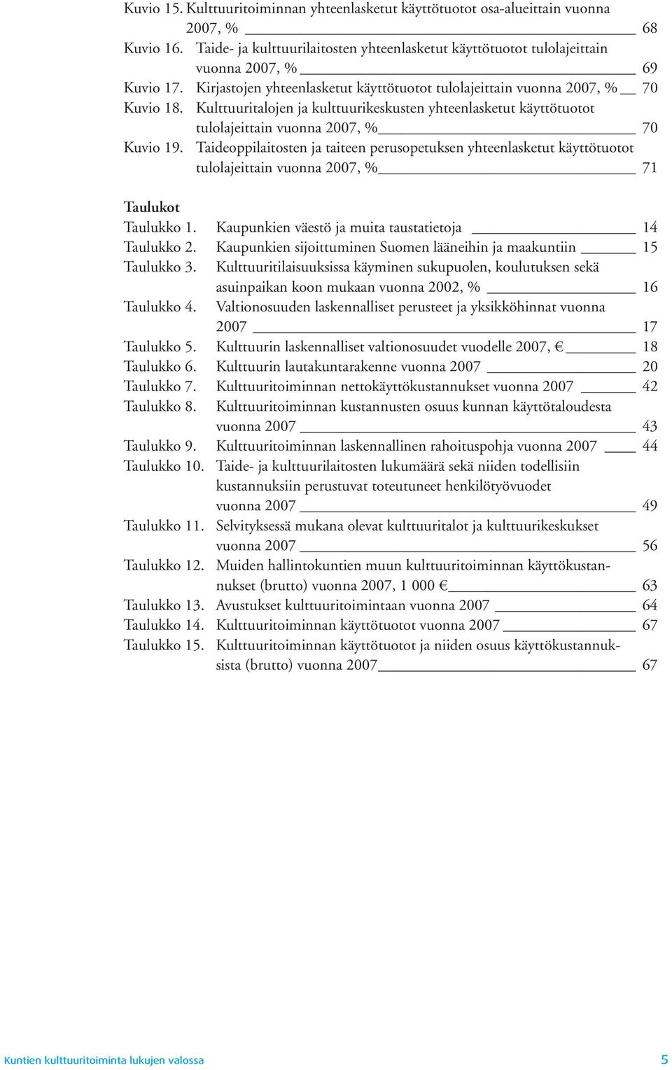 Taideoppilaitosten ja taiteen perusopetuksen yhteenlasketut käyttötuotot tulolajeittain vuonna 27, % 71 Taulukot Taulukko 1. Kaupunkien väestö ja muita taustatietoja 14 Taulukko 2.