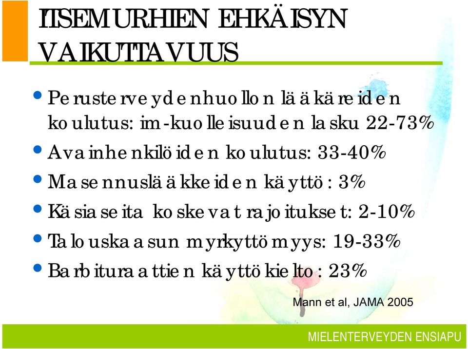 Masennuslääkkeiden käyttö: 3% Käsiaseita koskevat rajoitukset: 2-10%