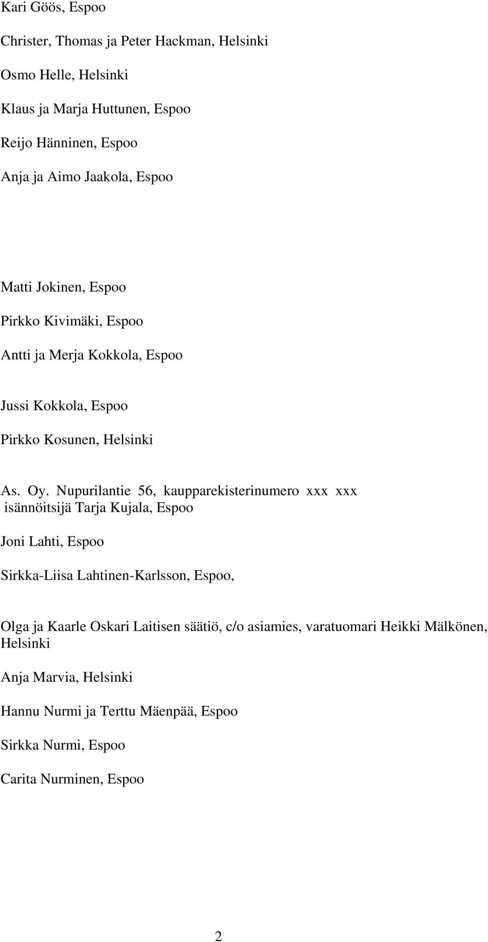Nupurilantie 56, kaupparekisterinumero xxx xxx isännöitsijä Tarja Kujala, Espoo Joni Lahti, Espoo Sirkka-Liisa Lahtinen-Karlsson, Espoo, Olga ja Kaarle