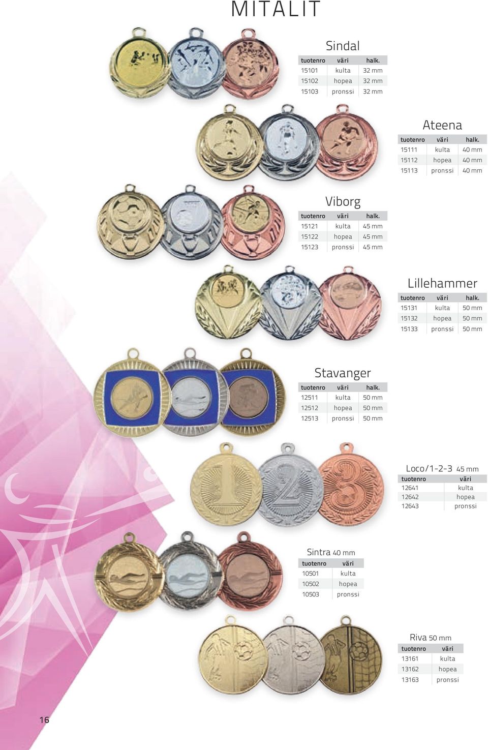 15121 kulta 45 mm 15122 hopea 45 mm 15123 pronssi 45 mm Lillehammer tuotenro väri halk.