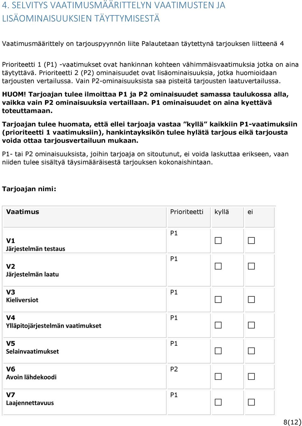 Vain -ominaisuuksista saa pisteitä tarjousten laatuvertailussa. HUOM! Tarjoajan tulee ilmoittaa ja ominaisuudet samassa taulukossa alla, vaikka vain ominaisuuksia vertaillaan.