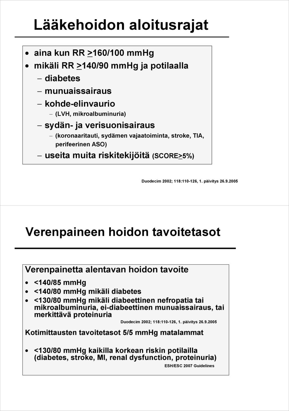 2005 Verenpaineen hoidon tavoitetasot Verenpainetta alentavan hoidon tavoite <140/85 mmhg <140/80 mmhg mikäli diabetes <130/80 mmhg mikäli diabeettinen nefropatia tai mikroalbuminuria,