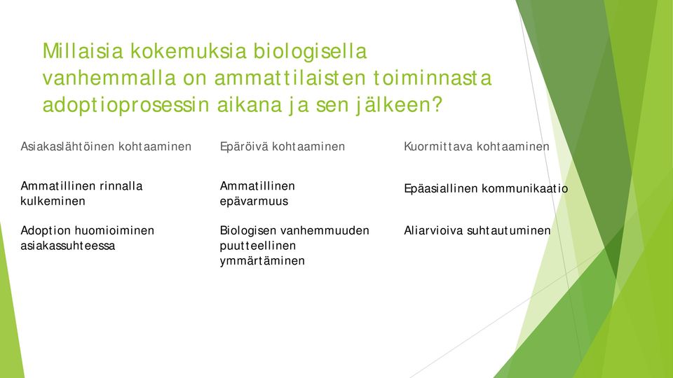 Asiakaslähtöinen kohtaaminen Epäröivä kohtaaminen Kuormittava kohtaaminen Ammatillinen rinnalla