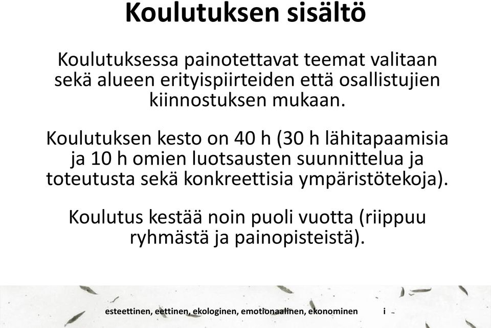 Koulutuksen kesto on 40 h (30 h lähitapaamisia ja 10 h omien luotsausten suunnittelua
