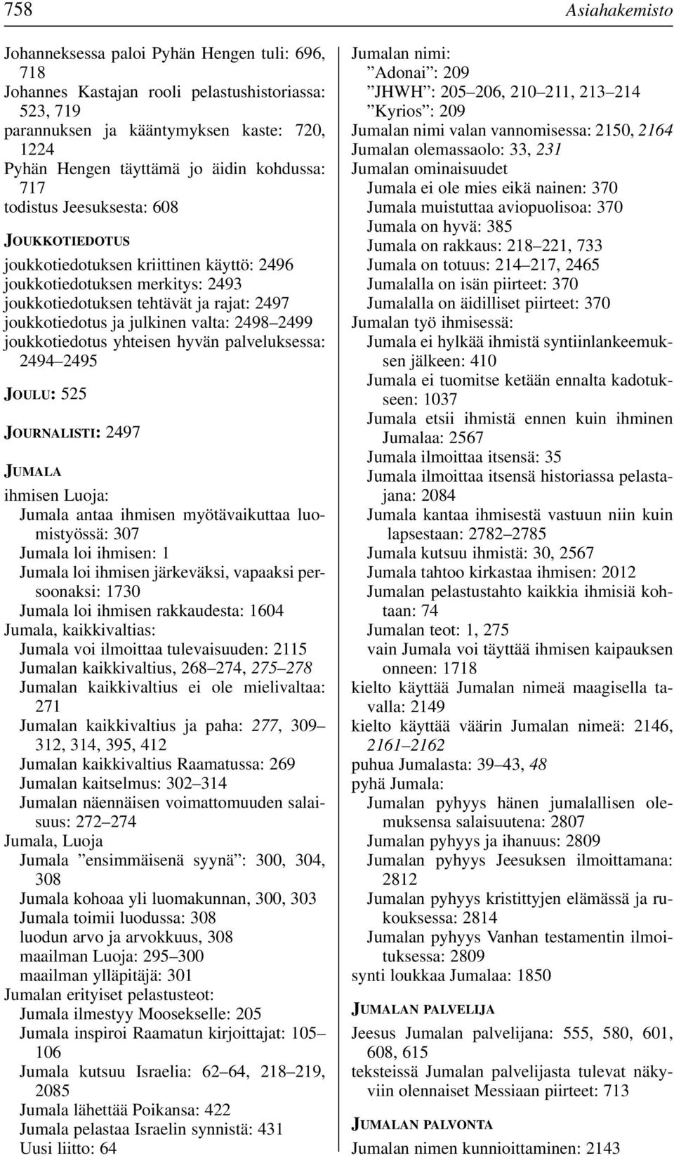 valta: 2498 2499 joukkotiedotus yhteisen hyvän palveluksessa: 2494 2495 JOULU: 525 JOURNALISTI: 2497 JUMALA ihmisen Luoja: Jumala antaa ihmisen myötävaikuttaa luomistyössä: 307 Jumala loi ihmisen: 1