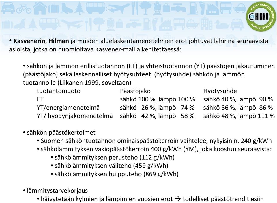 sähkö 100 %, lämpö 100 % sähkö40 %, lämpö 90 % YT/energiamenetelmä sähkö 26 %, lämpö 74 % sähkö86 %, lämpö 86 % YT/ hyödynjakomenetelmä sähkö 42 %, lämpö 58 % sähkö48 %, lämpö 111 % sähkön