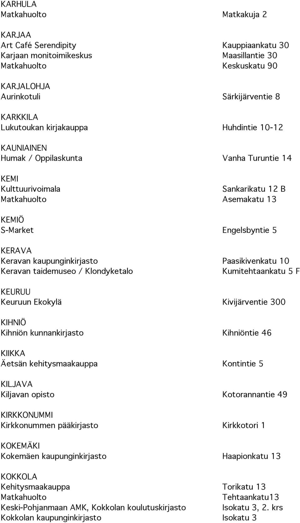kaupunginkirjasto Paasikivenkatu 10 Keravan taidemuseo / Klondyketalo Kumitehtaankatu 5 F KEURUU Keuruun Ekokylä Kivijärventie 300 KIHNIÖ Kihniön kunnankirjasto Kihniöntie 46 KIIKKA Äetsän