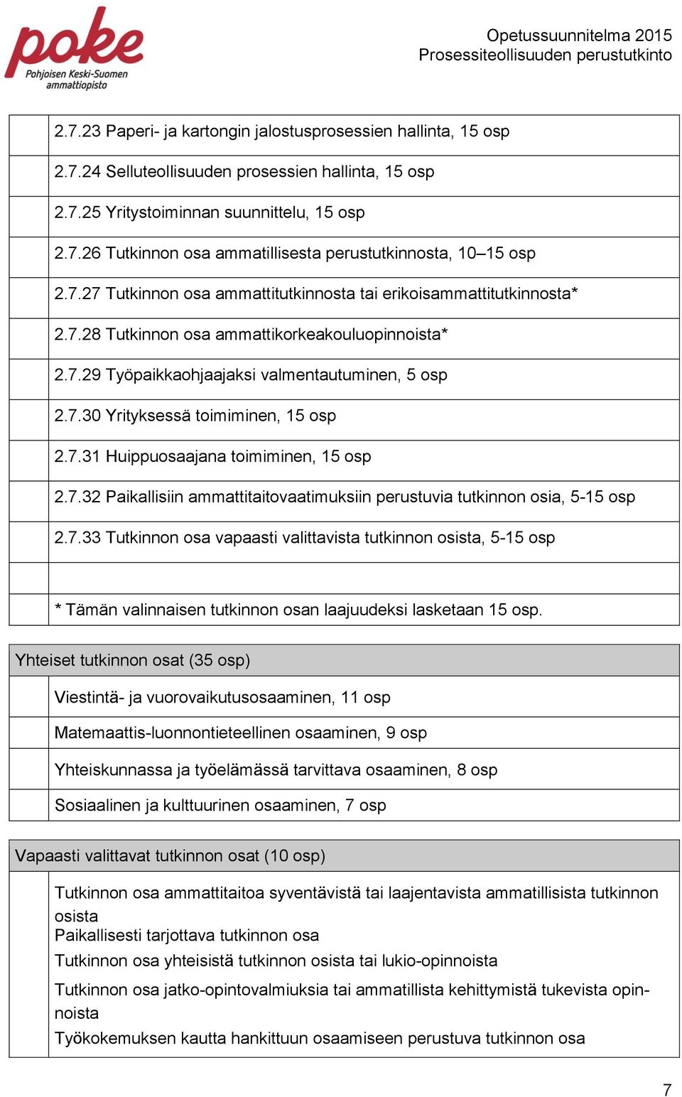 7.31 Huippuosaajana toimiminen, 15 osp 2.7.32 Paikallisiin ammattitaitovaatimuksiin perustuvia tutkinnon osia, 5-15 osp 2.7.33 Tutkinnon osa vapaasti valittavista tutkinnon osista, 5-15 osp * Tämän valinnaisen tutkinnon osan laajuudeksi lasketaan 15 osp.