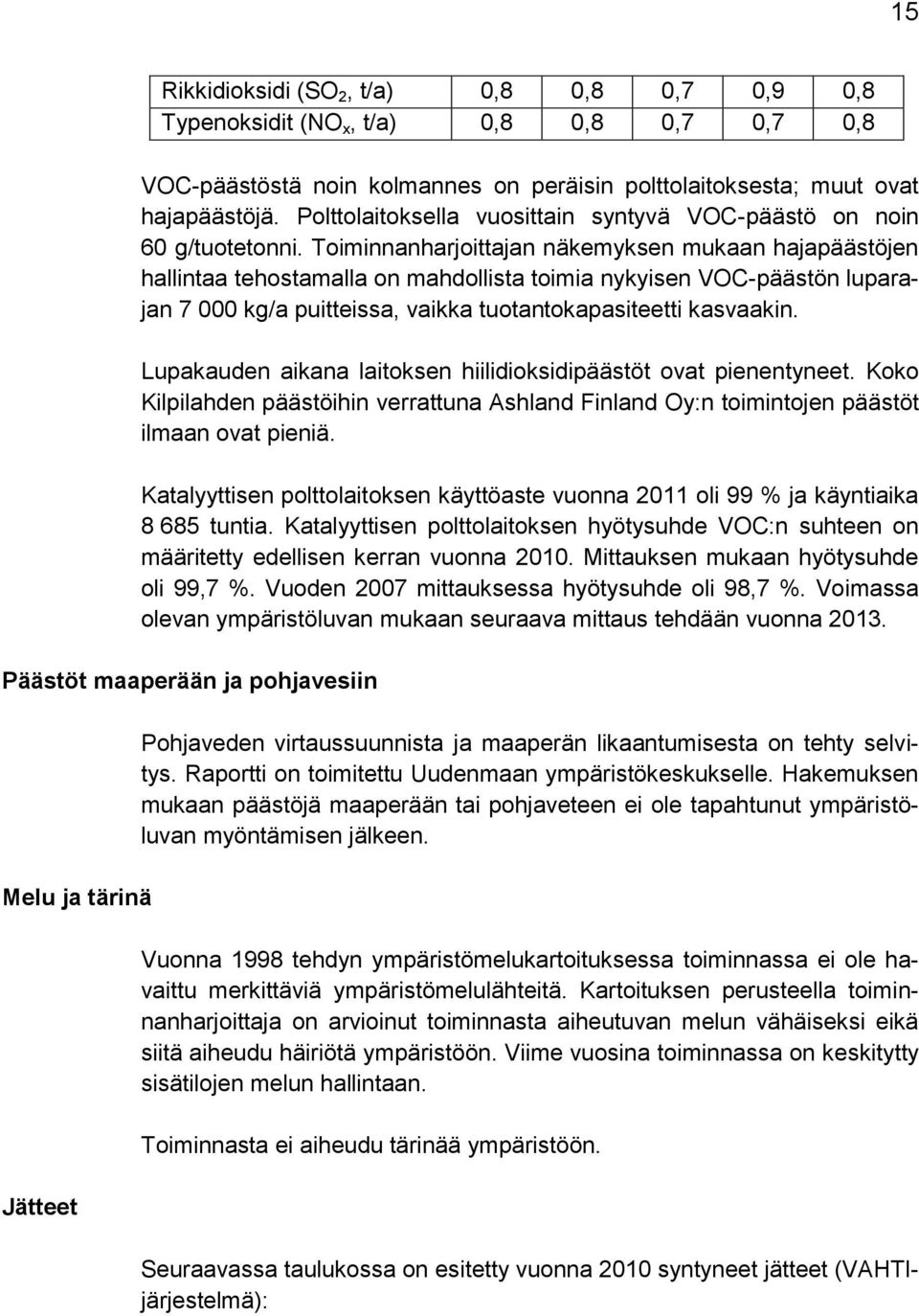 Toiminnanharjoittajan näkemyksen mukaan hajapäästöjen hallintaa tehostamalla on mahdollista toimia nykyisen VOC-päästön luparajan 7 000 kg/a puitteissa, vaikka tuotantokapasiteetti kasvaakin.