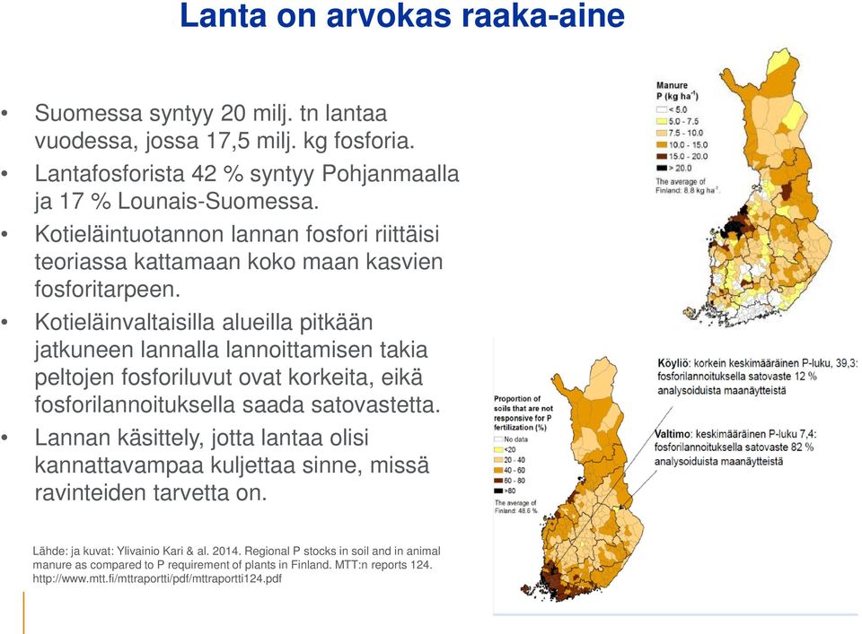Kotieläinvaltaisilla alueilla pitkään jatkuneen lannalla lannoittamisen takia peltojen fosforiluvut ovat korkeita, eikä fosforilannoituksella saada satovastetta.