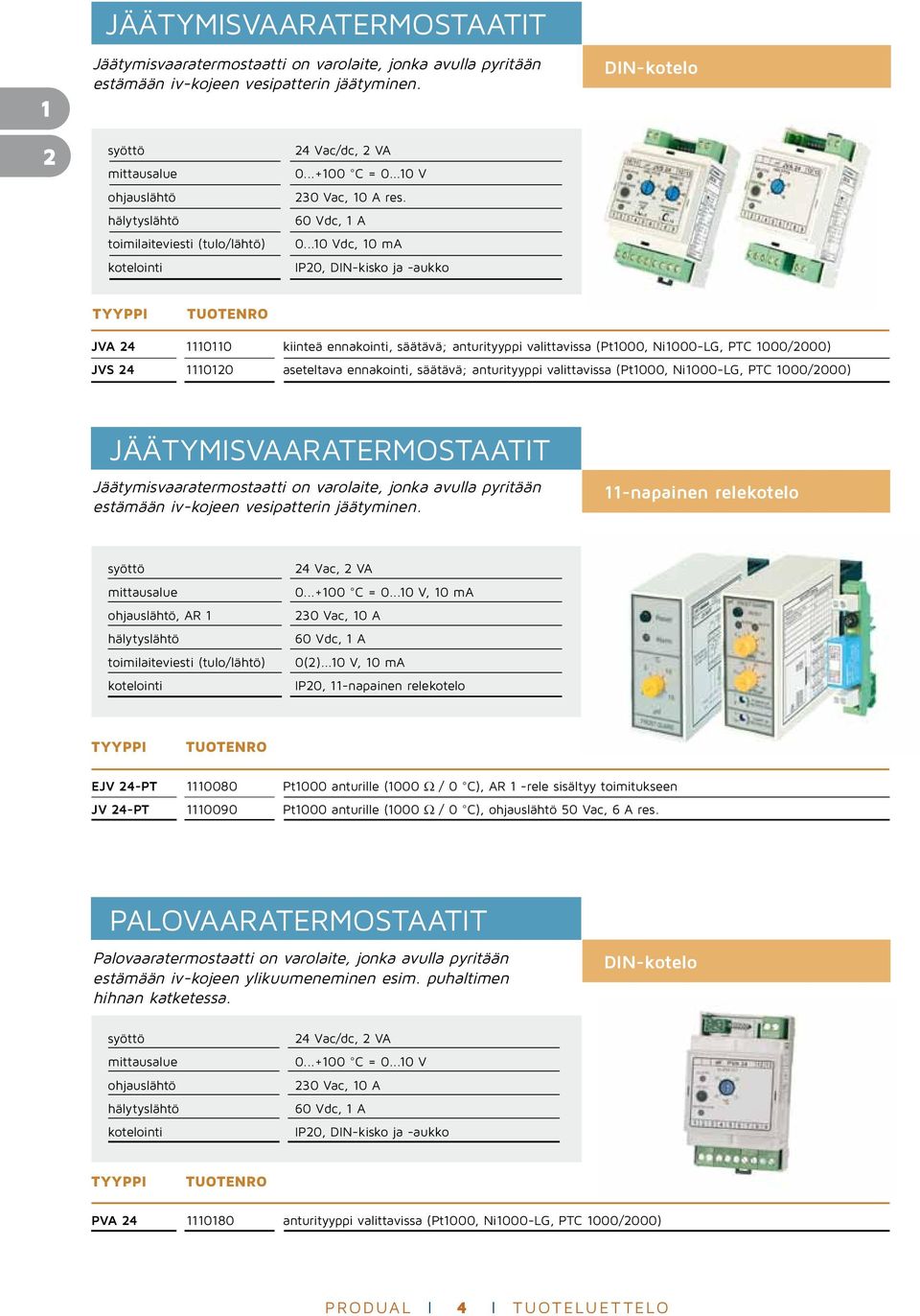 ..10 Vdc, 10 ma I ip20, DIN-kisko ja -aukko DIN-kotelo JVA 24 1110110 kiinteä ennakointi, säätävä; anturityyppi valittavissa (Pt1000, Ni1000-LG, PTC 1000/2000) JVS 24 1110120 aseteltava ennakointi,