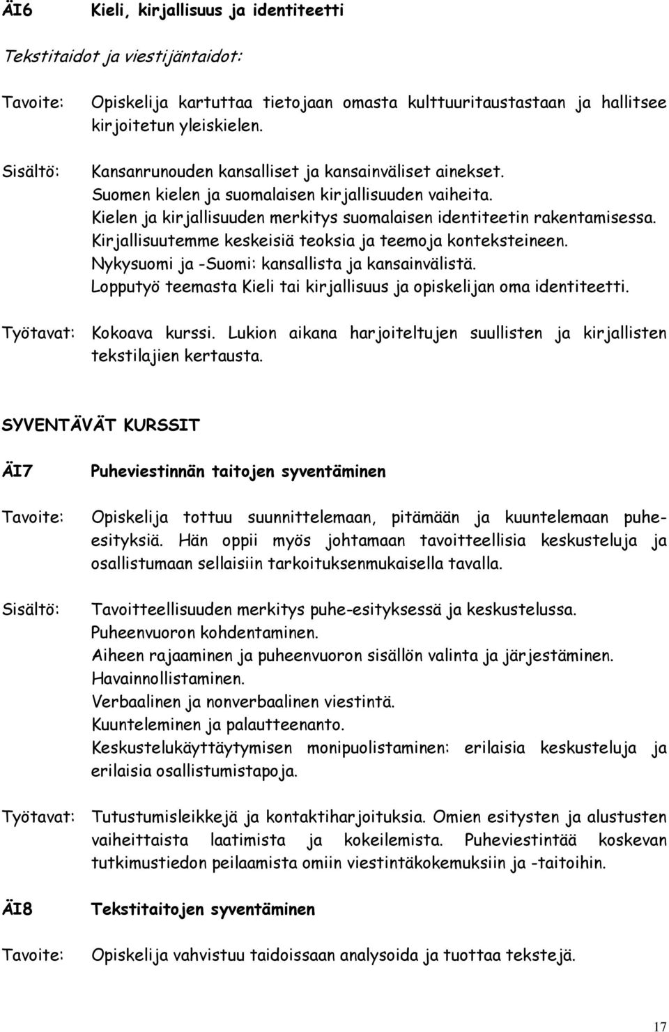 Kirjallisuutemme keskeisiä teoksia ja teemoja konteksteineen. Nykysuomi ja -Suomi: kansallista ja kansainvälistä. Lopputyö teemasta Kieli tai kirjallisuus ja opiskelijan oma identiteetti.