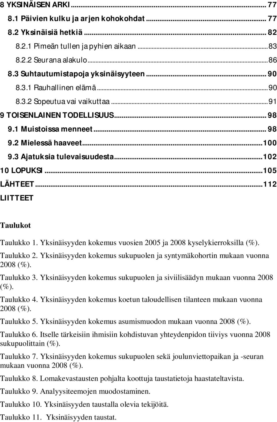 3 Ajatuksia tulevaisuudesta... 102 10 LOPUKSI... 105 LÄHTEET... 112 LIITTEET Taulukot Taulukko 1. Yksinäisyyden kokemus vuosien 2005 ja 2008 kyselykierroksilla (%). Taulukko 2.