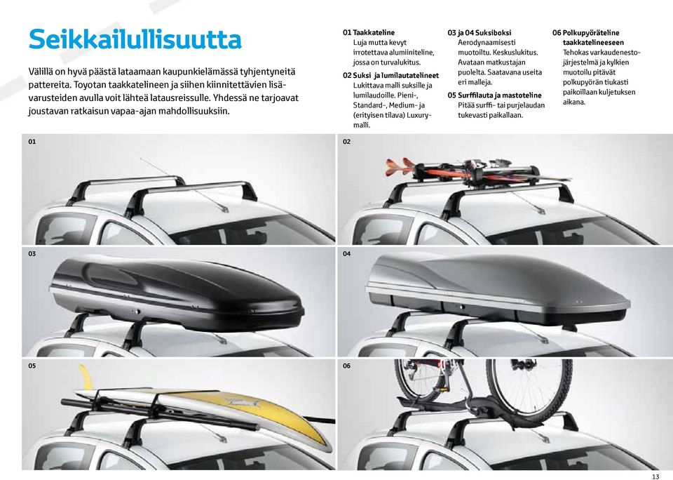 02 Suksi ja lumilautatelineet Lukittava malli suksille ja lumilaudoille. Pieni-, Standard-, Medium- ja (erityisen tilava) Luxurymalli. 03 ja 04 Suksiboksi Aerodynaamisesti muotoiltu. Keskuslukitus.
