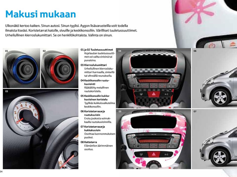 03 Kierroslukumittari Urheilullinen kierroslukumittari harmaalla, sinisellä tai vihreällä reunuksella. 04 Keskikonsolin ruutukuviointi Räätälöity metallinen ruutukoristelu.