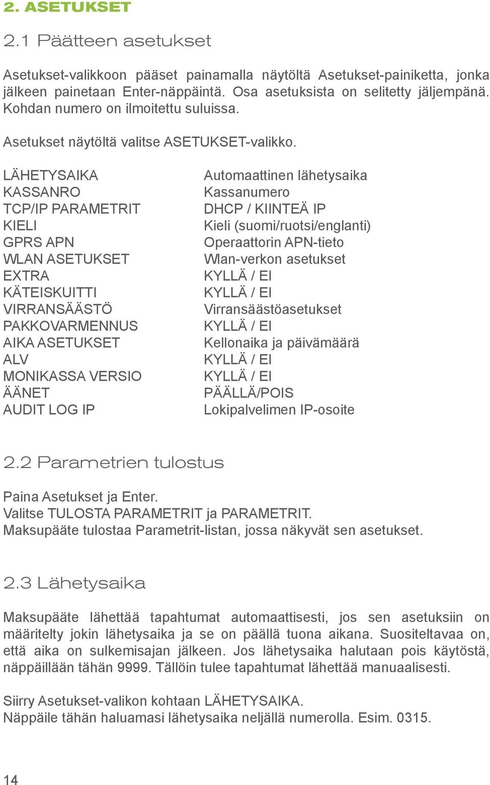 LÄHETYSAIKA KASSANRO TCP/IP PARAMETRIT KIELI GPRS APN WLAN ASETUKSET EXTRA KÄTEISKUITTI VIRRANSÄÄSTÖ PAKKOVARMENNUS AIKA ASETUKSET ALV MONIKASSA VERSIO ÄÄNET AUDIT LOG IP Automaattinen lähetysaika
