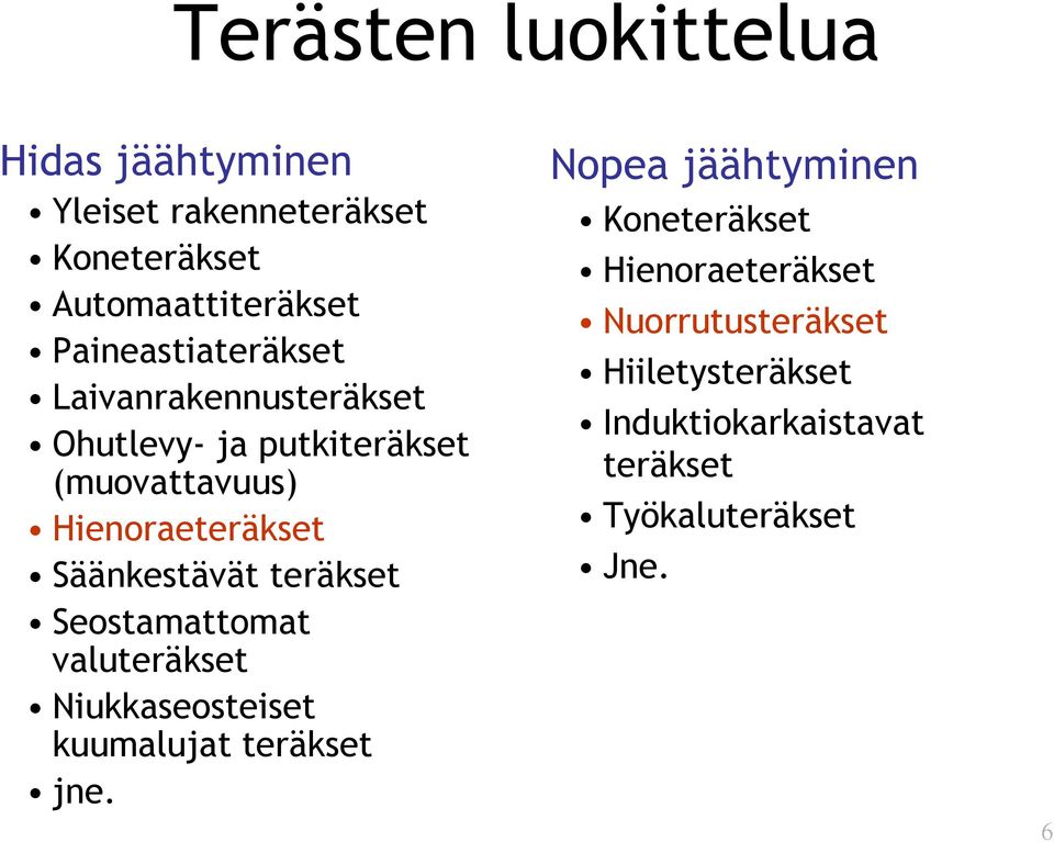 Säänkestävät teräkset Seostamattomat valuteräkset Niukkaseosteiset kuumalujat teräkset jne.