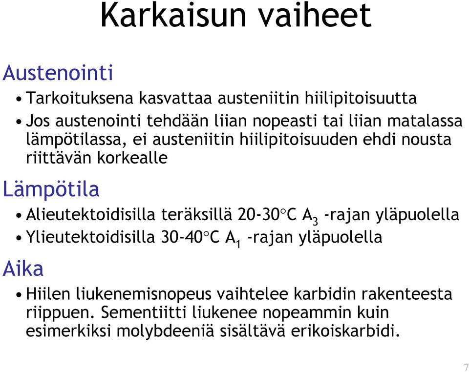 Alieutektoidisilla teräksillä 20-30 C A 3 -rajan yläpuolella Ylieutektoidisilla 30-40 C A 1 -rajan yläpuolella Aika Hiilen
