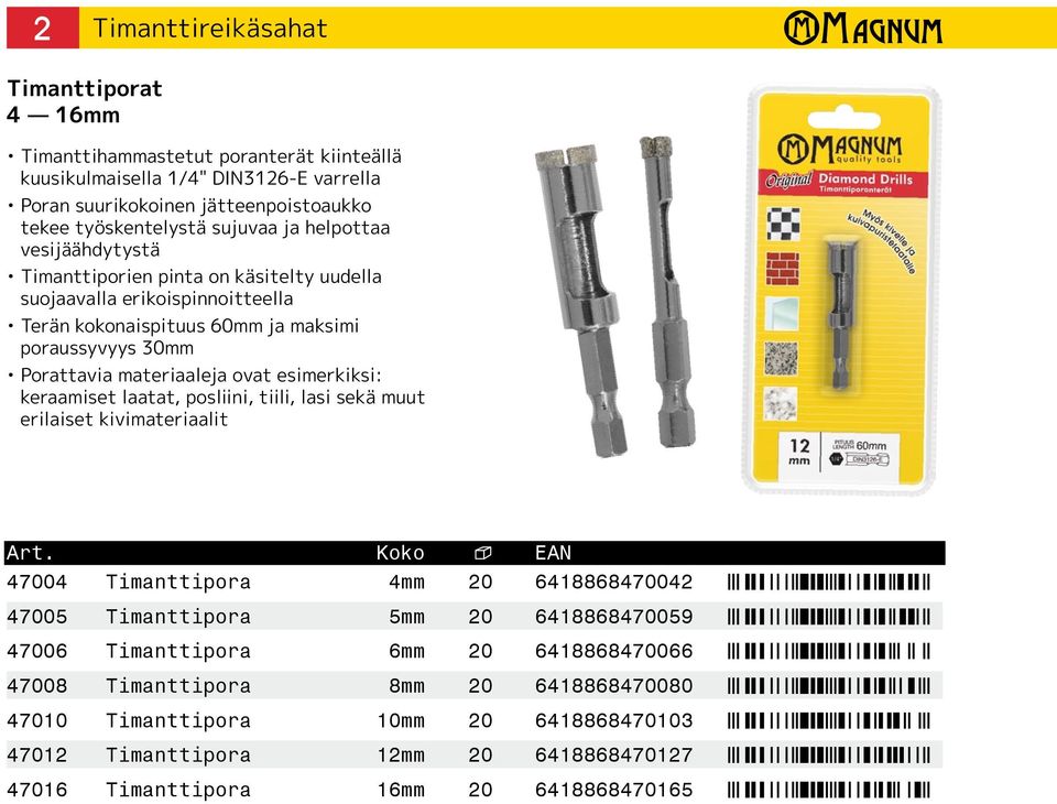 keraamiset laatat, posliini, tiili, lasi sekä muut erilaiset kivimateriaalit 47004 Timanttipora 4mm 20 6418868470042 4bii68-EHAAEC 47005 Timanttipora 5mm 20 6418868470059 4bii68-EHAAFJ 47006