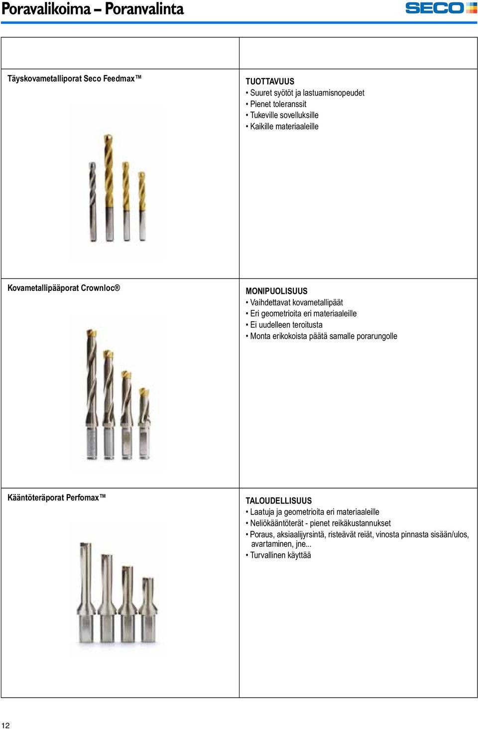 teroitusta Monta erikokoista päätä samalle porarungolle Kääntöteräporat Perfomax TALOUDELLISUUS Laatuja ja geometrioita eri materiaaleille