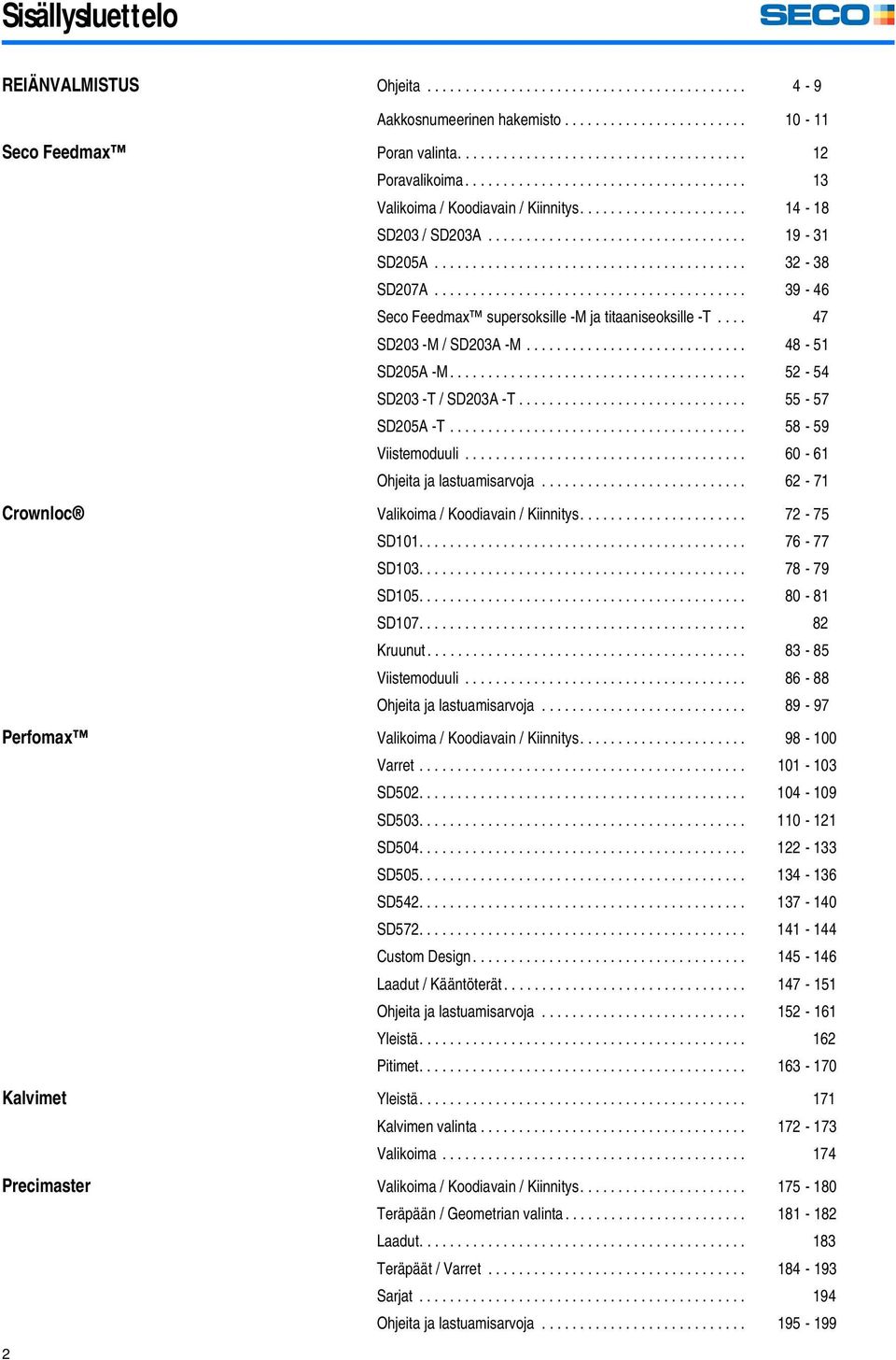 ........................................ 39-46 Seco Feedmax supersoksille -M ja titaaniseoksille -T.... 47 SD203 -M / SD203A -M............................. 48-51 SD205A -M.