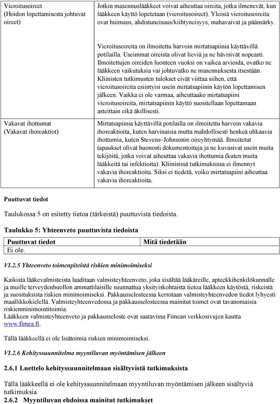 Useimmat oireista olivat lieviä ja ne hävisivät nopeasti. Ilmoitettujen oireiden luonteen vuoksi on vaikea arvioida, ovatko ne lääkkeen vaikutuksia vai johtuvatko ne masennuksesta itsestään.