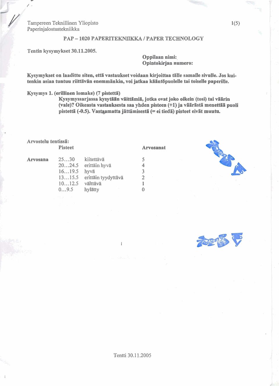 Jos kuitenkin asiaa tunt riittiivln enemmlnkin, voi jatkaa kflnt6puolelle tai toiselle paperille. Kysymys 1. (erillinen lomake) (7 pistett3) Kysymyssarjassa kysyt.