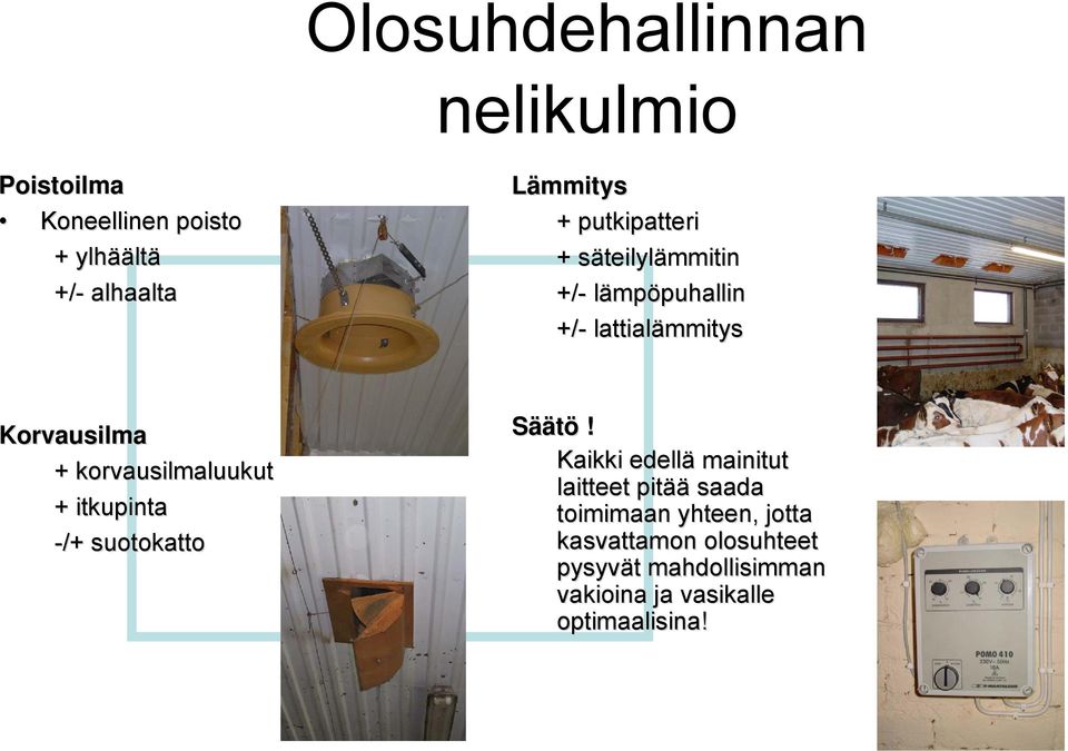 korvausilmaluukut + itkupinta -/+ suotokatto Säätö!