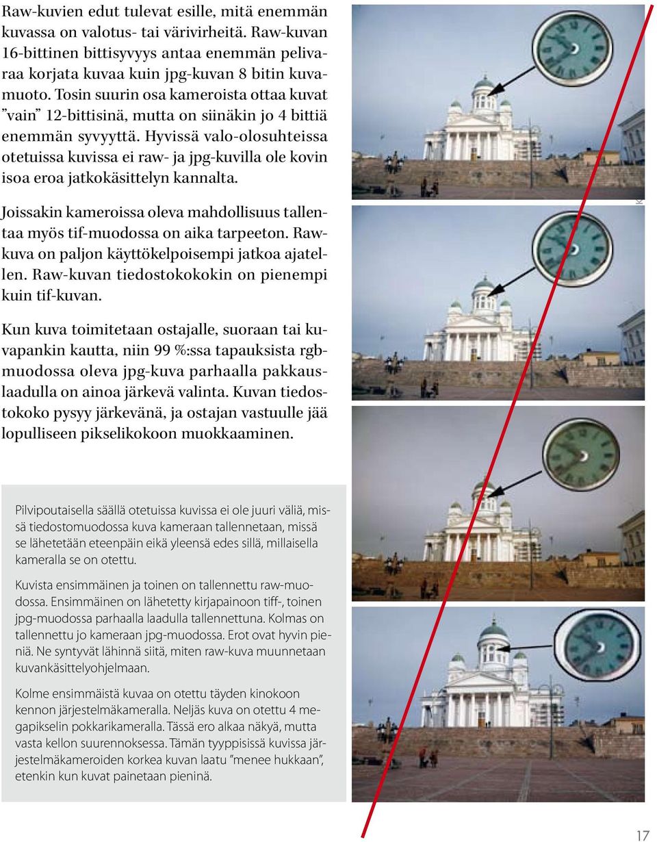 Hyvissä valo-olosuhteissa otetuissa kuvissa ei raw- ja jpg-kuvilla ole kovin isoa eroa jatkokäsittelyn kannalta. Joissakin kameroissa oleva mahdollisuus tallentaa myös tif-muodossa on aika tarpeeton.