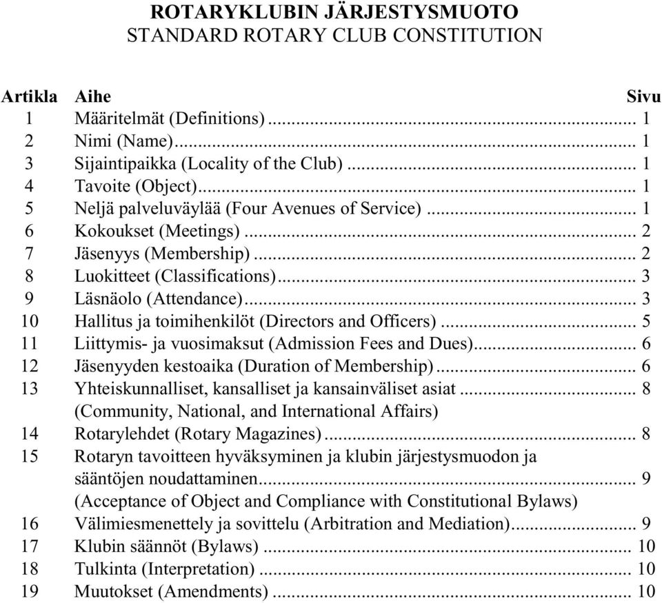 .. 3 10 Hallitus ja toimihenkilöt (Directors and Officers)... 5 11 Liittymis- ja vuosimaksut (Admission Fees and Dues)... 6 12 Jäsenyyden kestoaika (Duration of Membership).