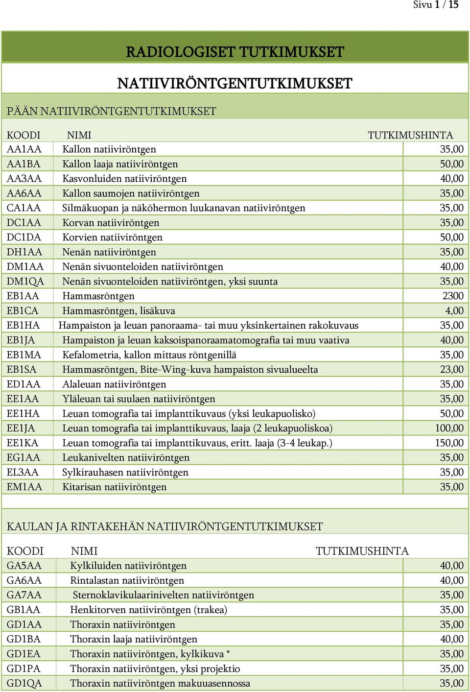 natiiviröntgen 50,00 DH1AA Nenän natiiviröntgen 35,00 DM1AA Nenän sivuonteloiden natiiviröntgen 40,00 DM1QA Nenän sivuonteloiden natiiviröntgen, yksi suunta 35,00 EB1AA Hammasröntgen 2300 EB1CA