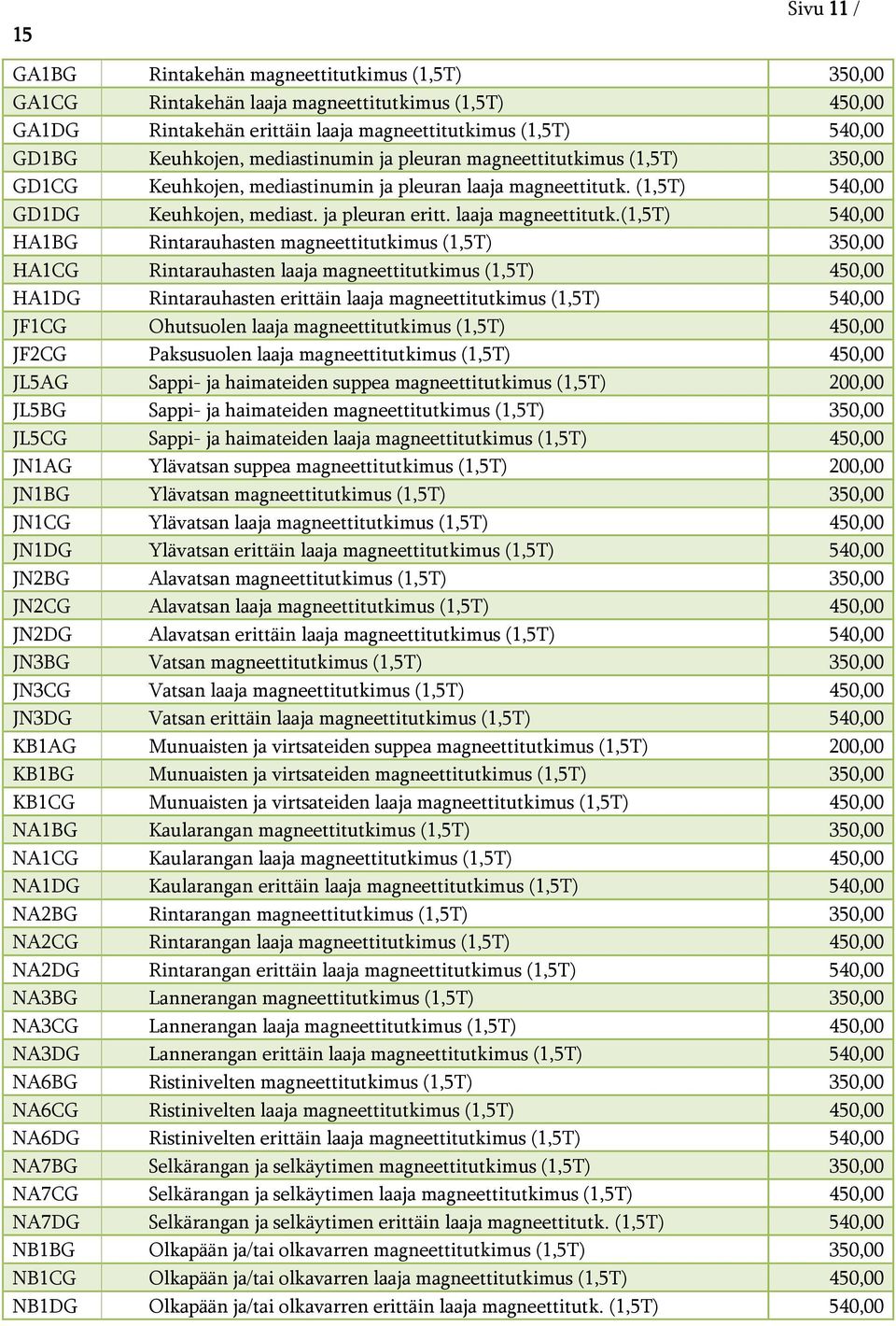 (1,5T) 540,00 GD1DG Keuhkojen, mediast. ja pleuran eritt. laaja magneettitutk.