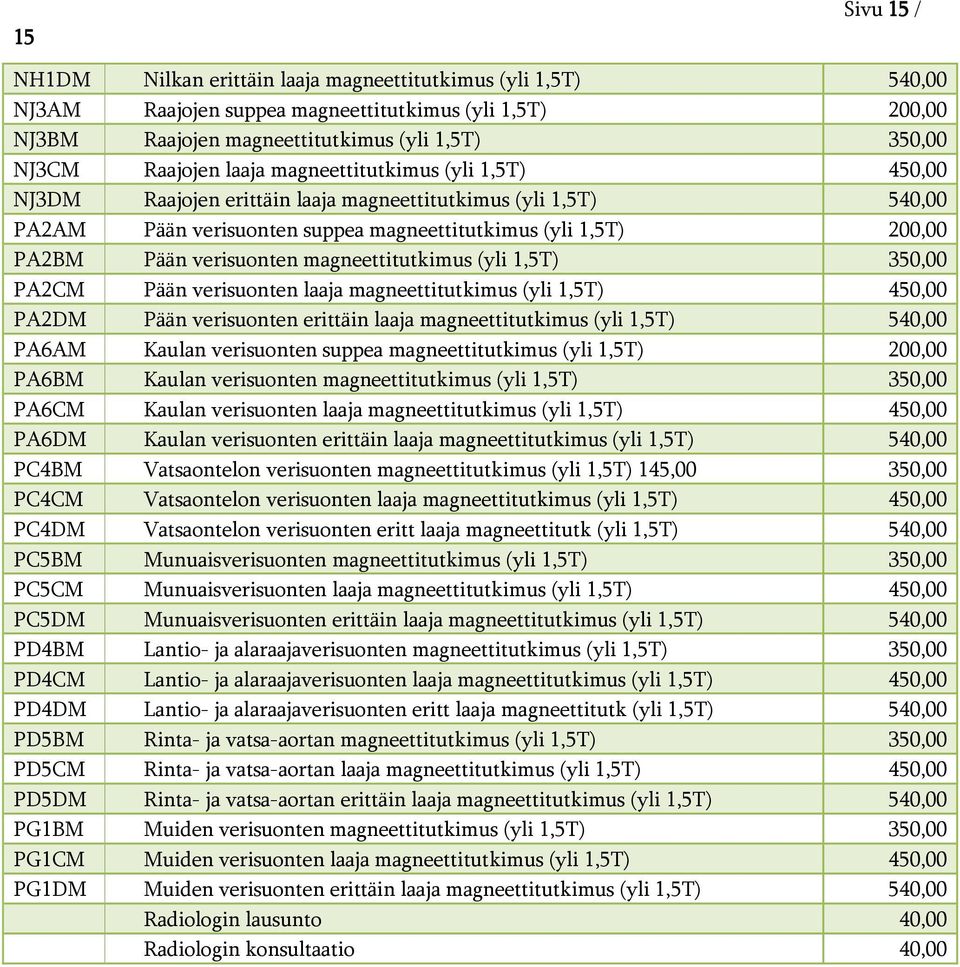 verisuonten magneettitutkimus (yli 1,5T) 350,00 PA2CM Pään verisuonten laaja magneettitutkimus (yli 1,5T) 450,00 PA2DM Pään verisuonten erittäin laaja magneettitutkimus (yli 1,5T) 540,00 PA6AM Kaulan