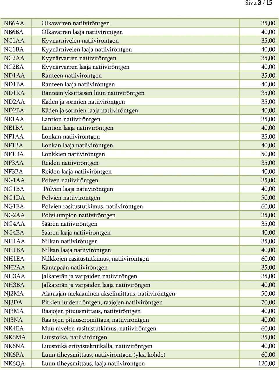 natiiviröntgen 35,00 ND2AA Käden ja sormien natiiviröntgen 35,00 ND2BA Käden ja sormien laaja natiiviröntgen 40,00 NE1AA Lantion natiiviröntgen 35,00 NE1BA Lantion laaja natiiviröntgen 40,00 NF1AA