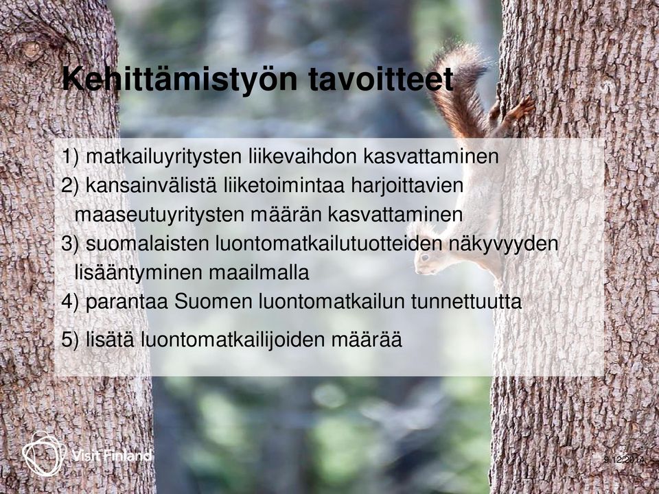 3) suomalaisten luontomatkailutuotteiden näkyvyyden lisääntyminen maailmalla 4)