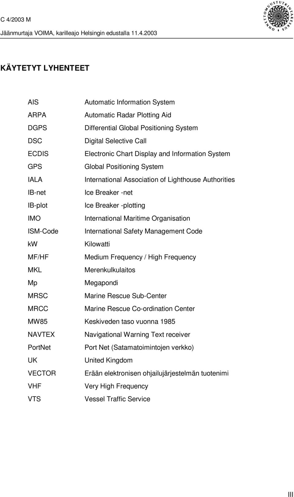 ISM-Code International Safety Management Code kw Kilowatti MF/HF Medium Frequency / High Frequency MKL Merenkulkulaitos Mp Megapondi MRSC Marine Rescue Sub-Center MRCC Marine Rescue Co-ordination