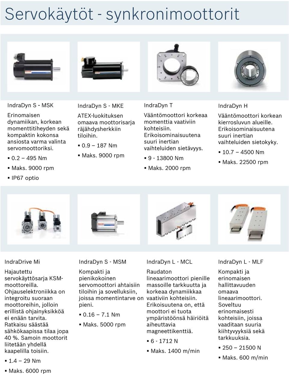 Erikoisominaisuutena suuri inertian vaihteluiden sietävyys. 9-13800 Nm Maks. 2000 rpm Vääntömoottori korkean kierrosluvun alueille. Erikoisominaisuutena suuri inertian vaihteluiden sietokyky. 10.