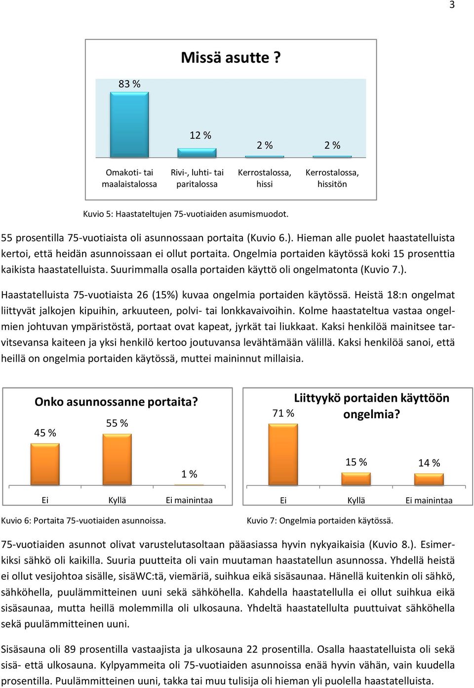 Ongelmia portaiden käytössä koki 15 prosenttia kaikista haastatelluista. Suurimmalla osalla portaiden käyttö oli ongelmatonta (Kuvio 7.).