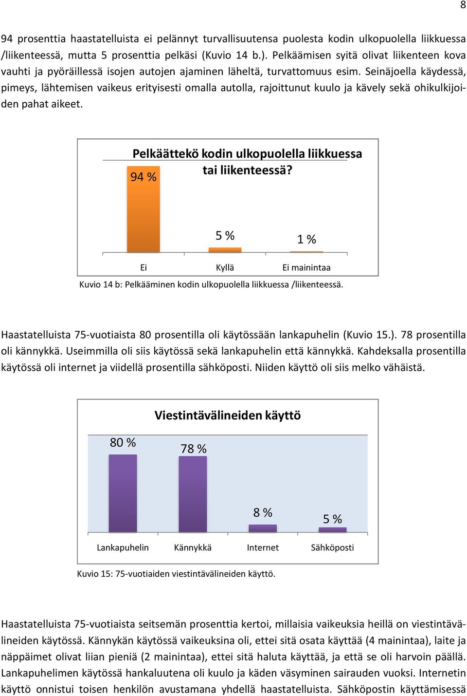 Pelkäämisen syitä olivat liikenteen kova vauhti ja pyöräillessä isojen autojen ajaminen läheltä, turvattomuus esim.